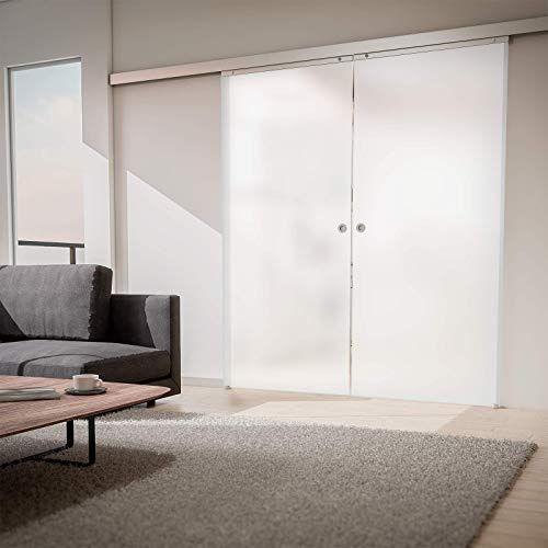 inova Doppeltür Glas-Schiebetür 2-Flügelig 1760 x 2035 mm satiniert Alu Komplettset mit Lauf-Schiene und Griffknopf beidseitige Einzugsdämpfung