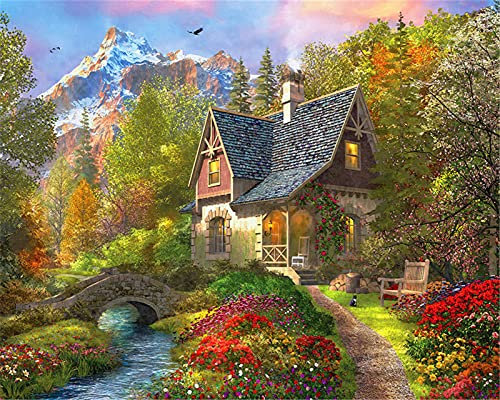 YEESAM ART Kunstbedarf Traumhaus im Wald, Malen nach Zahlen Erwachsene 16x20 Zoll DIY Ölgemälde Zahlenmalerei Öl Wandkunst (Traumhaus, mit Rahmen)