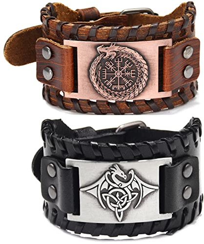 Sehaby Bracelets en cuir Viking 2 pièces, Bracelet Totem Dragon volant, Bracelet boussole Vintage, Bracelet réglable en cuir, bracelet tissé à la main, bracelet manchette celtique pour homme