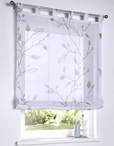 Raffrollo Schlaufenrollo Bonnie weiß, transparent, grau Bedruckt, Raffgardine für Gardinenstange, Breite 100 x Höhe 140 cm