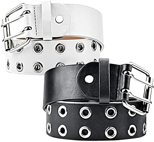 iYinJuan 2 Stück Doppelloch Nietengürtel, Mode Frauen Ledergürtel, Punk Hip Hop Rock Gürtel mit Alloy Schnalle, Gothic-Outfits für Cosplay Hosen Kleid Jeansgürtel Damen und Herren (Schwarz und weiß)
