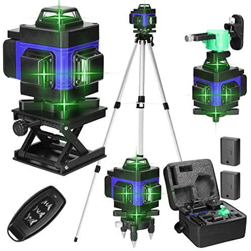 Kreuzlinienlaser mit Stativ, Mulcort Multifunktionaler 4D-Laser mit 16 Linien, IP54 Wasserwaage, 2400mAh Akku*2+1.5M Stativ Verlängerungsstangen-Stativ, Für Baustellen/Inneneinrichtung(Blau)