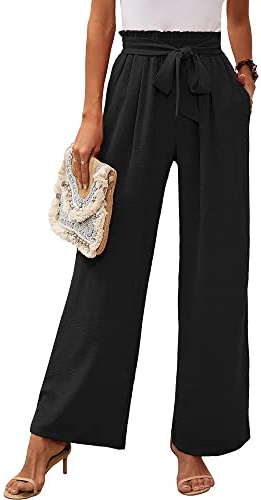Heymoments Women's Wide Leg Lounge Pants with Pockets Black Medium Lightweight High Waisted Adjustable Tie Knot Loose Comfy Casual Trousers