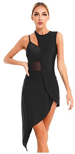 Alvivi Damen Latein Tanzkleid Ärmellos Ballettkleid mit Asymmetrisch Rock Tango Rumba Eiskunstlauf Kleid Gymnastik Turnanzug Ballettkleidung A Schwarz XXL