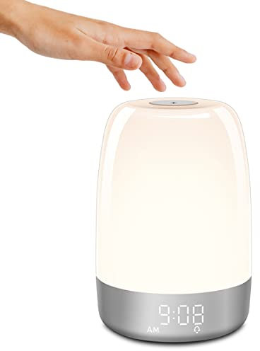 BIGFOX Eveil Lampe de Chevet avec Réveil Matin,Lampe de Table D'aide au Sommeil à Lumière Chaude Contrôle Tactile Variateur de Lumière Multicolore Veilleuse Enfant pour Adolescents Filles Garçons Bébé