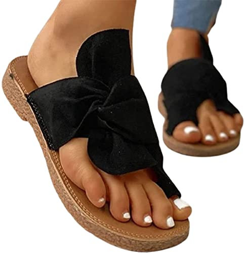 Damen Sandalen Sommersandalen für Damen Casual Bowknot Zehenring Sandalen Open Toe Bequeme Flache Hausschuhe Strandschuhe Leicht Wasserdicht,Schwarz,37