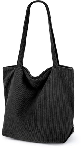 Lidxfeo Cord Tasche Damen, Wiederverwendbare Shopper Umhängetasche, Große Kapazität Tote Bag Aesthetic, Schultertaschen mit Reißverschluss und Innentasche, für Arbeit Einkaufen Schule Usw (Black)