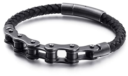 BISONBLUE Armbänder Herren Armband Geschenk Armreif Hip Hop Fahrradkette Charm-Armbänder Für Männer 21 cm Schwarz Gebürstetes Leder