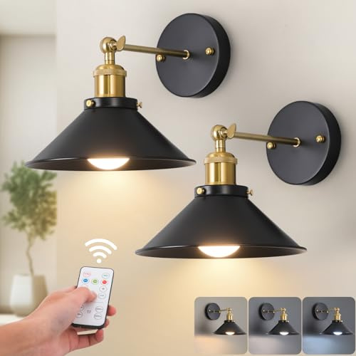 Bailoch Set of 2 Vintage Rechargeable Battery-Operated Wireless Wall Sconces for Bedroom, Farmhouse, Gallery - Black and Gold