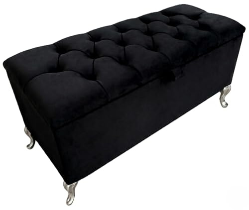 SK Ottoman Storage Box, Fabric Button Velvet Bench, Silver Legs, Black | 116L storage bench with fabric buttons, plush velvet and engineered wood frame, supporting up to 250 kg with sturdy legs.