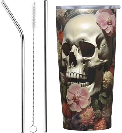 BONDIJ Becher mit Deckel und Strohhalm, Totenkopf im Glas, isolierter Becher, Edelstahl, vakuumisoliert, doppelwandig, für Auto, Büro, Zuhause, 590 ml