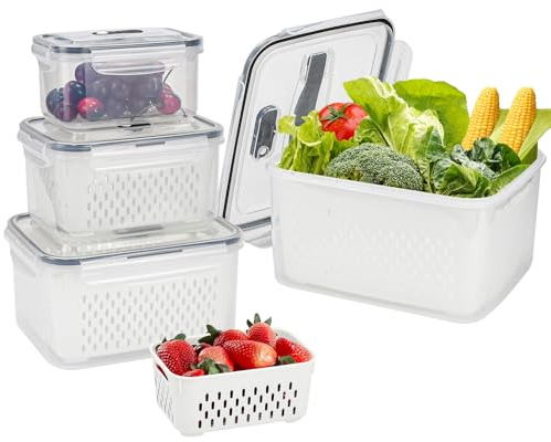 LPAMABA 4 Set 4,15L+3,15L+1,7L+0,8L Kühlschrank Frischhaltedosen mit Deckel Frischhalteboxen mit Sieb Obst Gemüse Kühlschrank Organizer Abtropfgitter Kühlschrankdosen Abtropfsieb Salat Beer Organizer