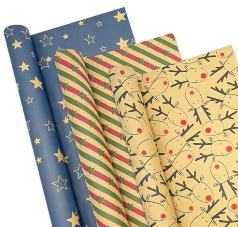 Rotolo di carta da regalo natalizia grande da 76 cm x 4 m, 3 rotoli di carta da regalo Kraft riciclabile con stampa a strisce di stelle e alci per decorazioni regalo di compleanno e feste di Natale