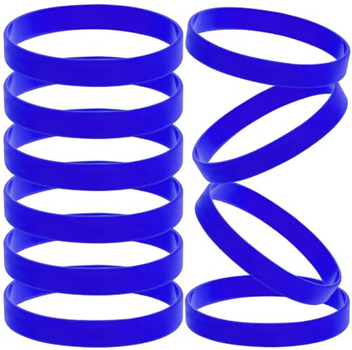 CREATCABIN 10Pcs Blue Silicone Wristbands Rubber Bracelets Blank Sports Wristbands Bulk Stretch Plain Solid Color Silicone Elastic Bracelet for Adult Men Women Teams Party Gifts 2.4x0.5 Inch