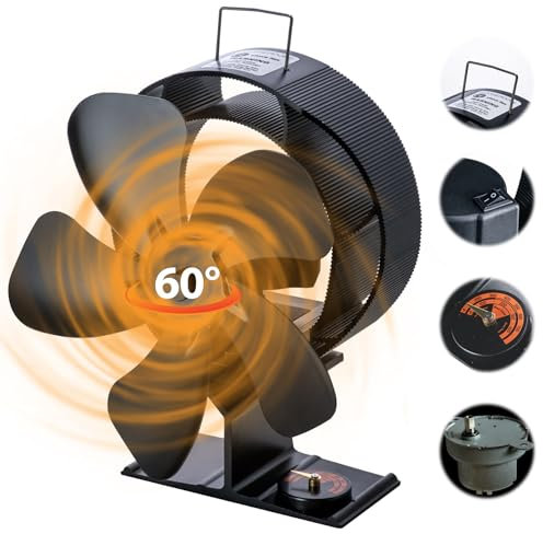 CHANGEMOORE 60° Rotary Wood Burner Fans with Metal Motor for Large Room Heat Distribution, 190CFM 5 Blades Log Burner Fans Wood Stove Fan with Thermometer, Silent Heat Powered Woodburner Stove Fan