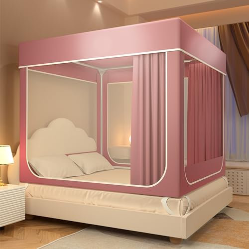 Dream Tents Betthimmel für Doppelbett, lichtblockierend, einfarbig, verschlüsselt, atmungsaktiv, Garn, Vorhänge für volles Gehäuse und großen Raum, U-förmiges Design mit drei Türen, leicht und ideal
