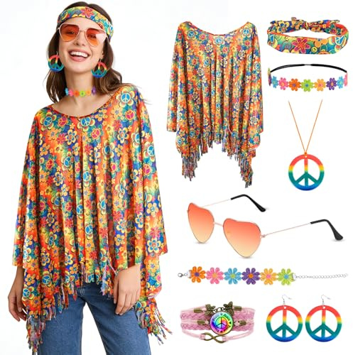 8 Stück Hippie Kostüm Damen Set mit Hippie Poncho Frieden Zeichen Halskette Ohrringe Stirnband Armbänder Sonnenbrillen 60er 70er Jahre Hippie Kleidung Faschingskostüme Flower Power für Karneval (A)