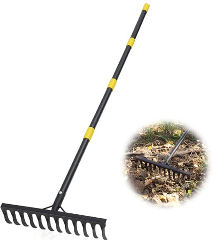 Garden Rake Heavy Duty, 74 Inch Metal Rake with 12 Tines, Bow Rake with Long Handle for Loosening Soil Leveling Lawn Farming Land, Black