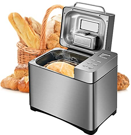 Macchina per il pane in acciaio inox da 650 W, con 19 programmi preimpostati e distributore automatico di frutta e noci, scomparto per ingredienti, rivestimento antiaderente, 500 g – 1000 g rimovibile