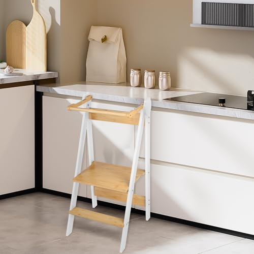 Tour d Observation Enfant, Tour Montessorienne d'apprentissage Pliable Multi-usages Tour d'apprentissage en Bois Naturel de Bouleau, Pliable, Sécurité-88 * 45 * 45 cm-Blanc