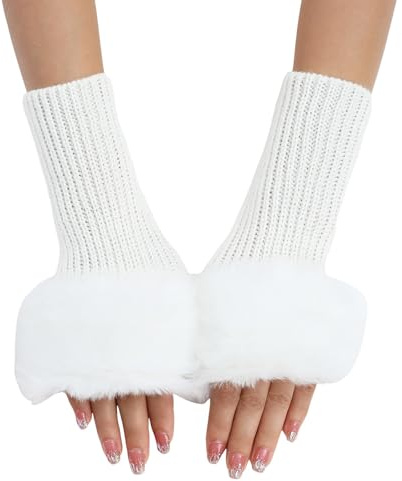 Winter Gestrickte Handschuhe mit Plüsch für Damen Warm Strick Handschuhe Pluswärmer Handstulpen Armwärmer Stulpen für Damen Fingerlose Armstulpen Feinstrick lang Handwärmer Stulpen (White, One Size)