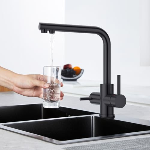 CREA 3 Wege Wasserhahn Küche Schwarz, Mischbatterie Küche | 360° Drehbar Küchenarmatur, 3 in 1 Mischbatterie Küche für Wasserfilter, Trinkwasserhahn mit Doppelhebel, Drei Wege Armatur