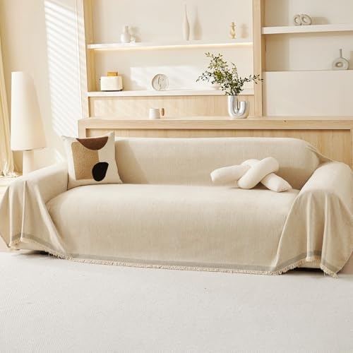 VANJOROY 100% Chenille Natural Sofa Large Throw Blanket For 2 3 Seater -Extra Large Throws for Settees, Luxury Soft Sofa Cover Slipcover Throw for Chair Couch and Bed, Cream Beige-180 x 230cm