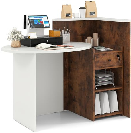 CASART Reception Desk, Retail Commercial Office Desk with 3-Position Adjustable Shelf & Lockable Drawer, Cashier Counter Workstation for Salon Clothing Store Restaurant (Rustic Brown+White Tabletop)