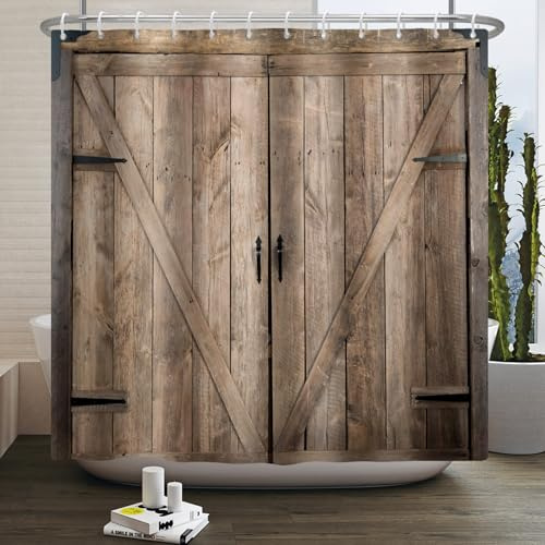 Kzzfqxb 183x198cm Holzbrett Duschvorhänge mit Haken, Vintage Retro Dunkelbraun Bauernhaus Planke Scheunentor Ländlich Wasserdicht für Bad, Polyester gewebe Badezimmer Badewanne Rustikales Dekor