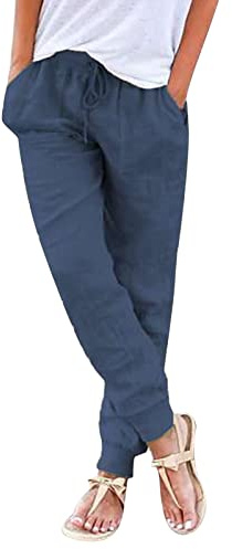 Nuoke Leinenhose Damen,Leinenhose Damen Sommerhose Leicht Sommer Stoffhose Freizeithose Strandhose Einfarbig Locker Bequeme Chino Musselin Hose (C-Dark Blue, L)