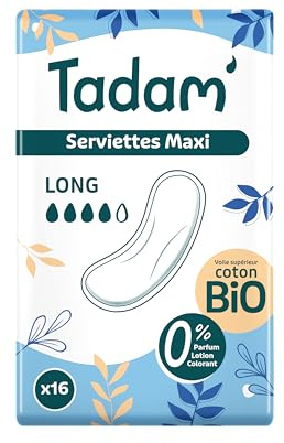 TADAM - 16 Serviettes Hygiéniques Dermo-Sensitives - Maxi Flux Long | Protections Hygiéniques Femme avec Ailettes - Extra Absorbantes - A base de Coton Bio - Confort Jour et Nuit - Format Maxi