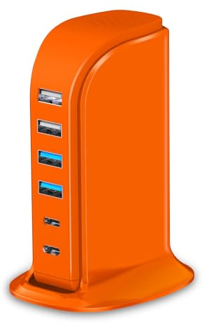 Upoy Bloque de carga dual USB C, estación de carga para múltiples dispositivos, 45 W en total, concentrador de torre USB listo para viajes, 6 puertos de carga para habitación de invitados, oficina