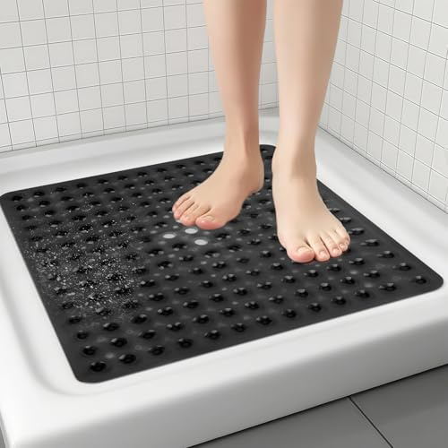 Cozary Tapis de Douche Antidérapant 53x53cm, Tapis de Bain carré antidérapant à ventouses avec Ventouses, Tapis de Douche en PVC Souple pour Sécurité & Confort, Lavable en Machine-Negro