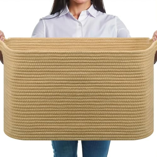 JOJOSEE Large Storage Basket, Blanket Basket for Clothes Bedding, Woven Storage Baskets, Toy Storage for Kids, Rope Basket for Living Room, Nursery, Bedroom 55x38x30 cm (Tawny, 1 Pack)