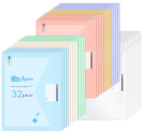 Agoer 32 Pochettes Plastique Transparent A4+ avec Fermeture - 7 Couleurs Assorties avec 11 Trous - Pochette Perforée A4 Translucide de180 Microns avec Poches pour étiquettes - Pour la Maison, le école