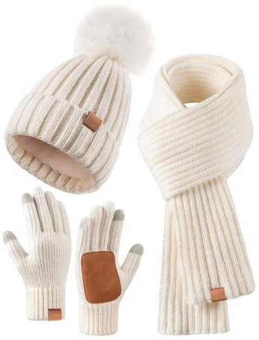 Mis.Moon Wintermütze Damen Schal & Handschuh-Sets ，Beanie Mütze Damen Winter mit Bommel Fleece Gefütterte，Warm Schal Mütze Handschuhe,Schal Wärmer Mütze 3 in 1 Set (Weiß)
