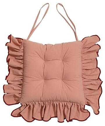 Stuhlkissen mit Volant für Esszimmer - 45x45 cm Baumwoll Sitzkissen, 4-seitig gerüscht Bindebändern rutschfeste & waschbare Stuhlauflage im Landhaus & Vintage Design(Pink,1pcs)