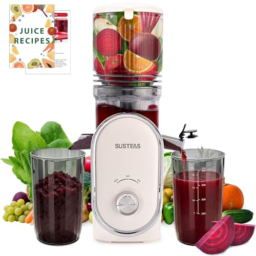 SUSTEAS Cold Press Juicer Machines, 133MM Large Feed Chute(1.5L Capacity) for Whole Fruits & Vegetables, Slow Masticating Automatic with 300W, High Juice Yield Extractor, Easy to Clean, White