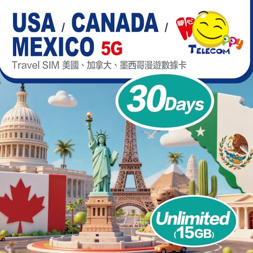 Happy 5G USA Canada Mexico 7, 15, 30 Days Unlimited Data Travel Sim Card (excludes Alaska & Guam) | 5G High-Speed Data | Easy Activation | No Need Registration (30Days | 15GB)