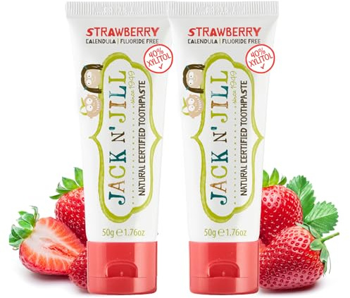 Jack N' Jill Natural Toothpaste for Baby and Infants - Fluoride Free Training Toothpaste, 40% Xylitol, BPA Free - Strawberry, 1.76 oz (Pack of 2)