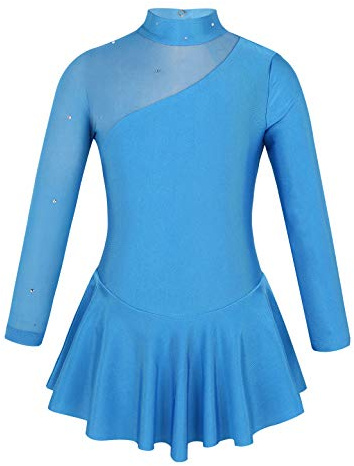 TiaoBug Mädchen Eiskunstlauf Kleid Ballettkleid Ballettanzug Langarm Body Ballett Trikot Turnanzug Eislaufen Bekleidung Wettbewerb Kostüm gr. 98-164 Blau 128