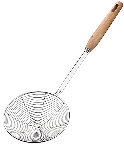 IQCWOOD Spider Strainer Skimmer with Wood Handle - 5.5 Inch Fryer Scoop for Cooking and Frying, Kitchen Utensils Pasta Strainer Spoon