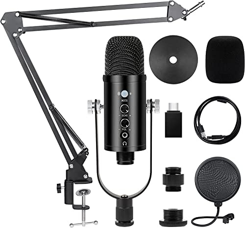 Kalawen Microfono a Condensatore USB Professionale di Registrazione per Computer Cellulari PC da Studio con Supporto da Tavolo Filtro Antipop