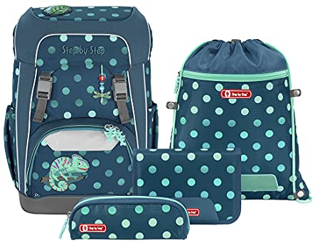 Step by Step Giant Schulranzen-Set Chameleon Joshy, 5-teilig, türkis, ergonomischer Tornister mit Reflektoren, höhenverstellbar mit Hüft- und Brustgurt, für die 1. bis 4. Klasse, 23L