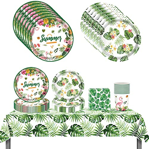 BlinBlin Hawaii-Party-Geschirr-Set für 16 Personen – Inkl. Teller, Becher, Servietten & Tischdecke – Flamingo & Palmen-Design – Sommerfest, Geburtstag, Poolparty, Hochzeit (Bunt, 16-teilig)