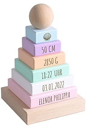Kekskrone Stapelturm Holz - mit Name und Geburtsdaten - ca. 11 x 11 x 19 cm - personalisierte Geschenke Baby - Holzspielzeug Baby - Geschenke Geburt - Taufgeschenke für Mädchen & Taufgeschenke Jungen