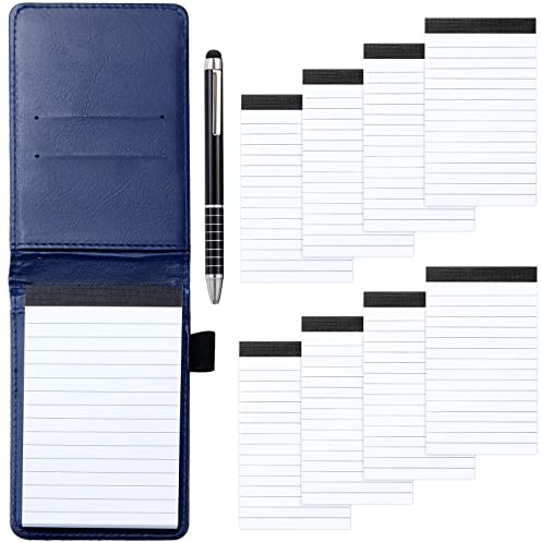JEFFOUOO Mini Notizblock A7 Set, Taschennotizblock, Blau | Kleiner Leder Halter Tragbarer Notizbuch mit Stift, 8 Stk Ersatz-Blöcken, 30 Liniertes Papier pro, 7,5 x 12,8 Cm
