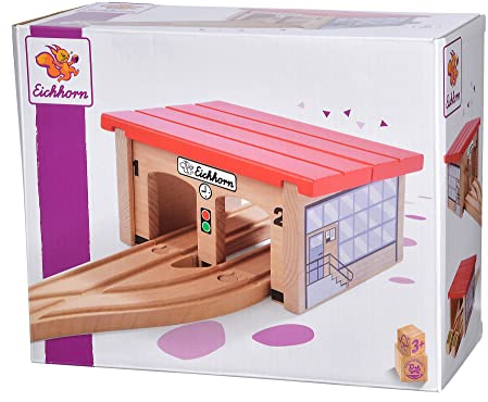 Eichhorn Schienenbahn 100006502 Lokschuppen, 6 teilig, FSC zertifiziertes Buchenholz, verbaubar mit Anderen Schienenbahnsystemen