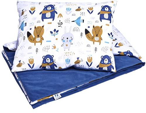 Pepi Kissen und Decken Set 30x40cm und 75x100cm - Allergiker Bettdecke und Kissen Bettenset Kinderdecke - Kinder Decke und Kissen Blauer Bär mit marineblauem Samt