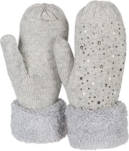styleBREAKER Damen Strick Fäustlinge Strass Perlen | Wärmendes Thermo-Fleece-Innenfutter, elastische Passform für 16-21 cm Handumfang (Größe 6-8), ohne störende Nähte.